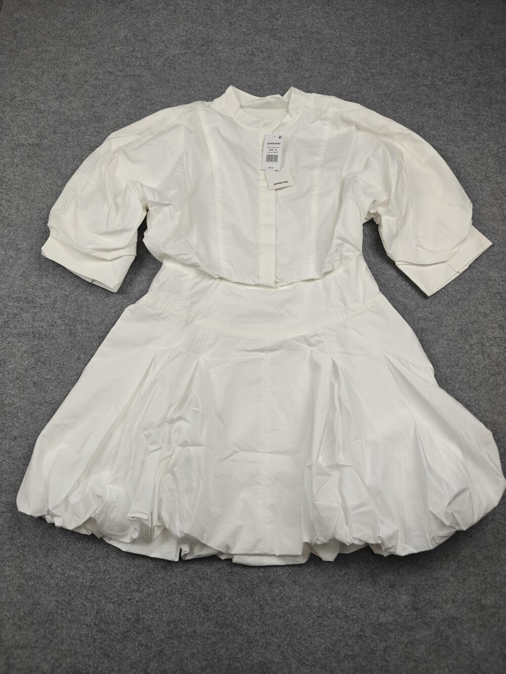 SIMKHAI Dress Womens 12 White Dress Collared Balloon Sleeve Bubble Hem MSRP $495